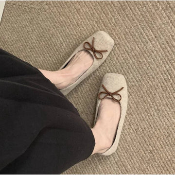 Xajzpa Woman Casual Square Head Bow Flats Flock Mocasines Ballerina Church Flats Female Suede Elegant Soft Sole Women Shoes